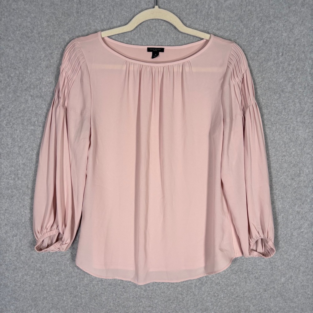Ann Taylor Blouse SP Pink Petite Pleated Sheer Preppy Coquette Pastel Career